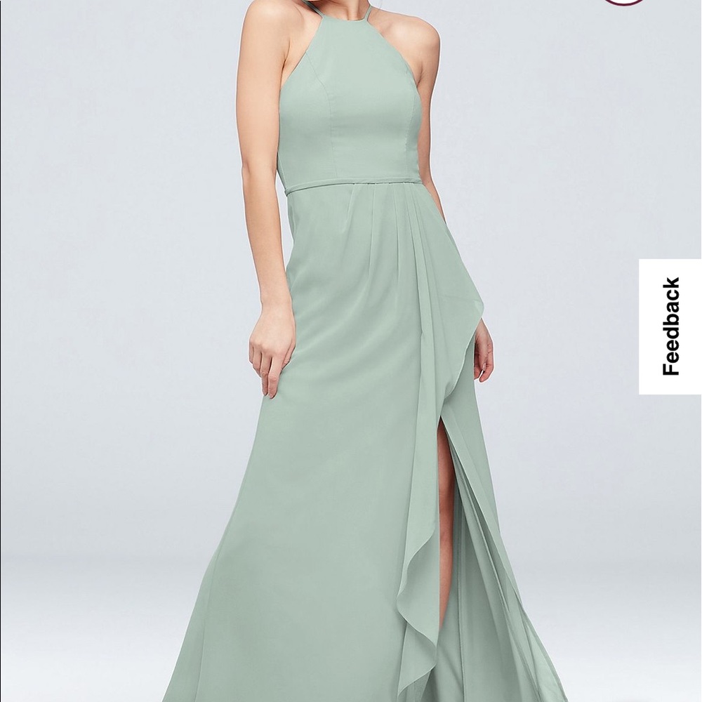 WORN ONCE David’s Bridal HIGH-NECK CHIFFON BRIDESMAID DRESS WITH CASCADE